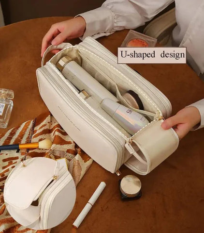 High-Capacity Double Zipper U-Shaped Cosmetic Bag in PU Leather - Himpall