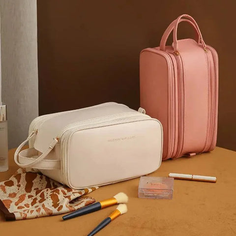 High-Capacity Double Zipper U-Shaped Cosmetic Bag in PU Leather - Himpall