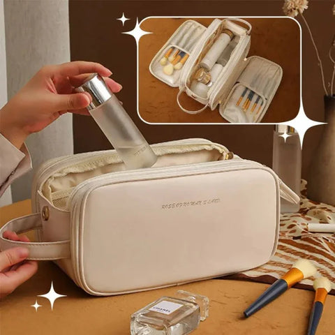 High-Capacity Double Zipper U-Shaped Cosmetic Bag in PU Leather - Himpall