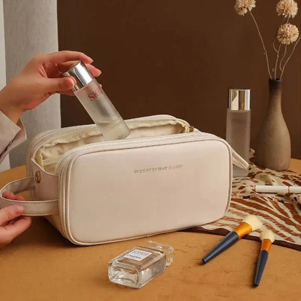 High-Capacity Double Zipper U-Shaped Cosmetic Bag in PU Leather - Himpall