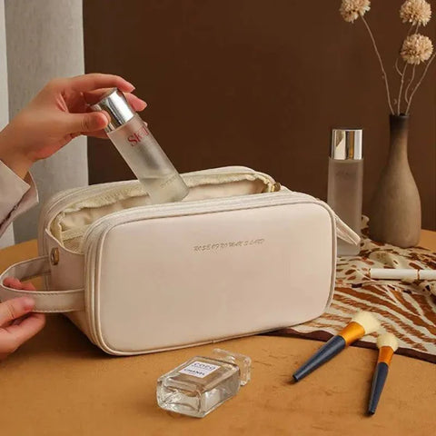 High-Capacity Double Zipper U-Shaped Cosmetic Bag in PU Leather - Himpall