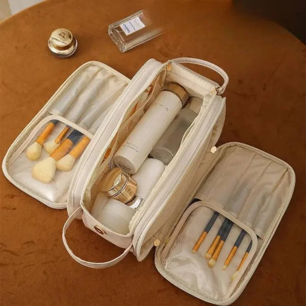 High-Capacity Double Zipper U-Shaped Cosmetic Bag in PU Leather - Himpall