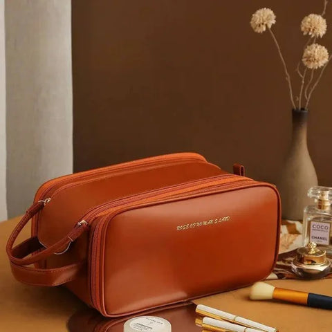 High-Capacity Double Zipper U-Shaped Cosmetic Bag in PU Leather - Himpall