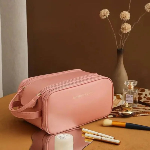 High-Capacity Double Zipper U-Shaped Cosmetic Bag in PU Leather - Himpall