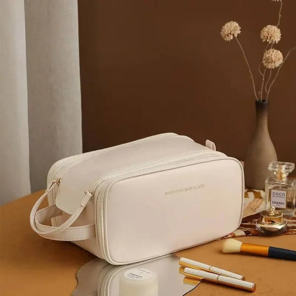 High-Capacity Double Zipper U-Shaped Cosmetic Bag in PU Leather - Himpall
