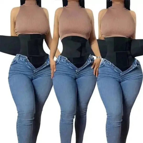 Three identical compression waist trainers styled with beige tops and blue jeans