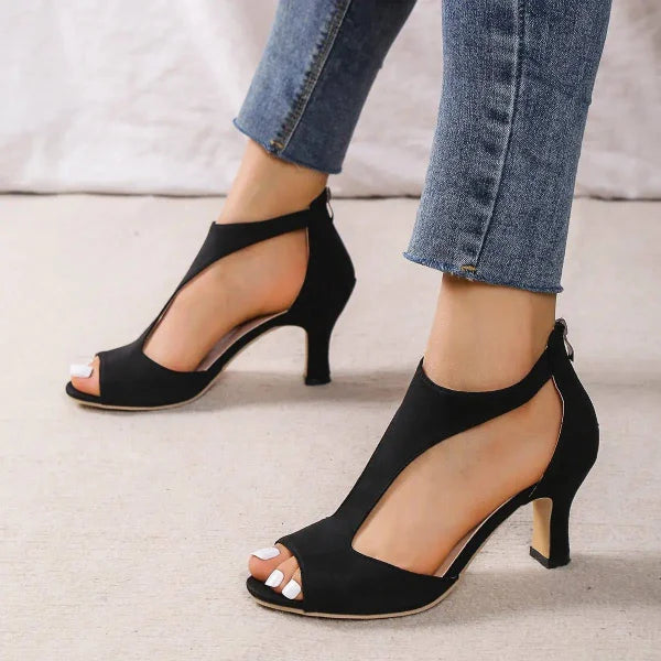 High Heel Peep Toe Sandals Women Back Zipper Outdoor Summer Shoes - Black / Size35