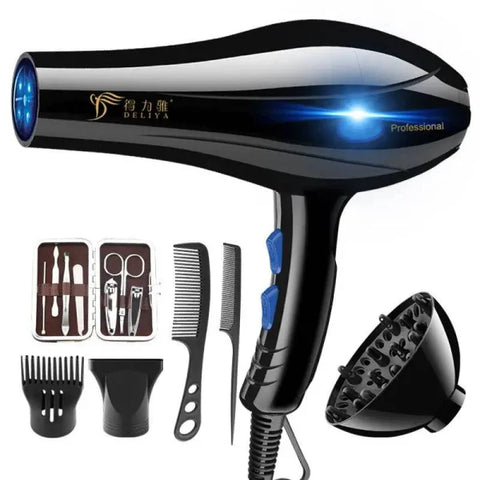 Professional black negative ion hair dryer with blue accents for home hairdressing