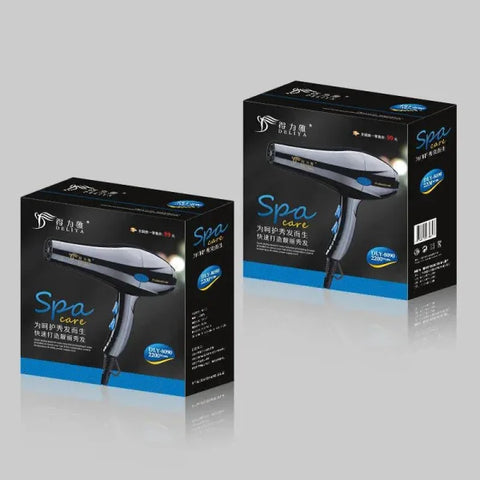 Hair dryer product packaging in blue and black for High-Power Blue Light Negative Ion Hair Dryer