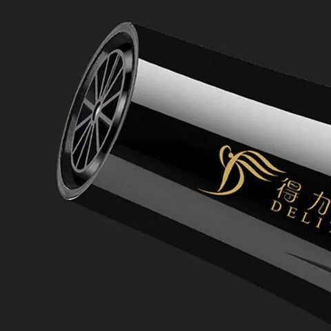 Black and silver tube with gold Deli logo for High-Power Blue Light Negative Ion Hair Dryer
