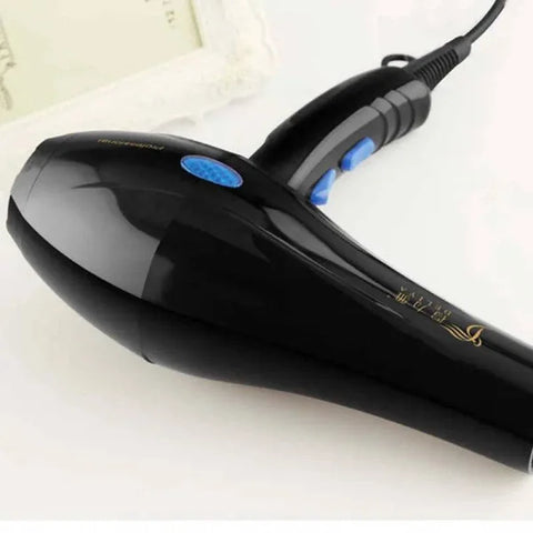 Black electric hair dryer with blue accents for home hairdressing and negative ion technology