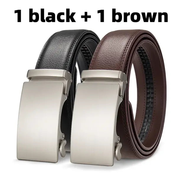 Genuine Leather Ratchet Belt Adjustable Automatic Buckle Precision Fit - 1 black and 1 brown / 140cm