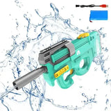 High-tech electric water gun in turquoise, gray with yellow accents