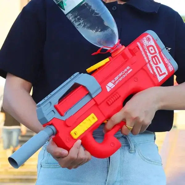 High-tech electric water gun toy in red with gray and yellow accents
