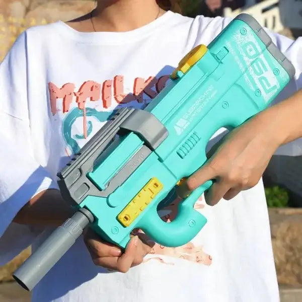 Turquoise and gray high-tech electric water gun with yellow accents