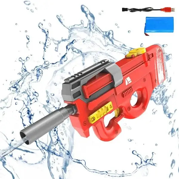 Compact red and gray high-tech electric water gun in bullpup design