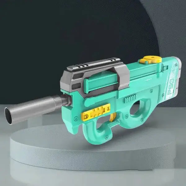 Turquoise and silver high-tech electric water gun with yellow accents