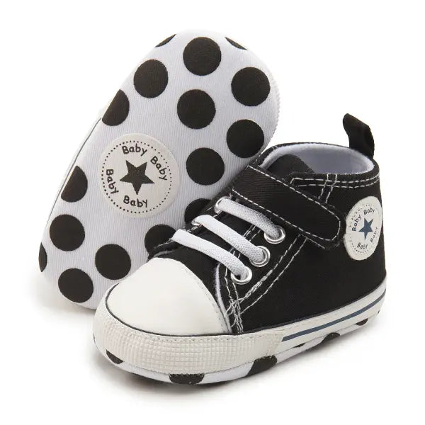 High-Top Baby Sneakers – First Walkers Classic Canvas Casual Shoes Soft Cotton Anti-Slip Sole - Black1 / 0-6 Months
