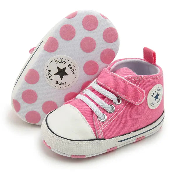 High-Top Baby Sneakers – First Walkers Classic Canvas Casual Shoes Soft Cotton Anti-Slip Sole - Pink1 / 12-18 Months
