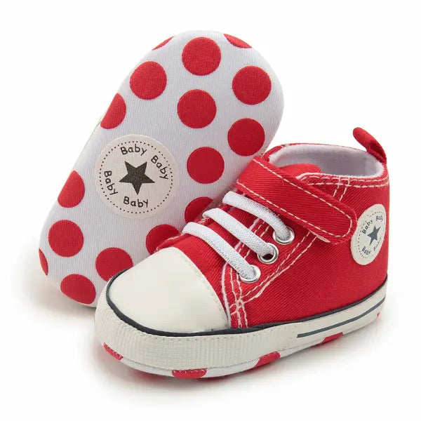 High-Top Baby Sneakers – First Walkers Classic Canvas Casual Shoes Soft Cotton Anti-Slip Sole - Red1 / 12-18 Months