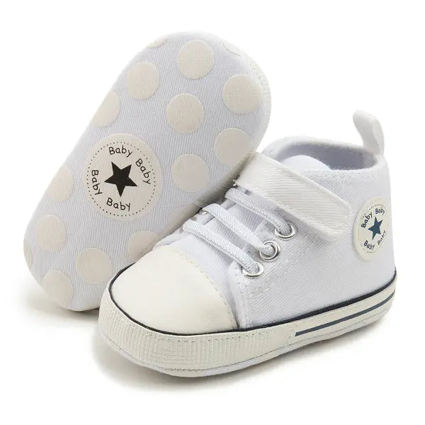High-Top Baby Sneakers – First Walkers Classic Canvas Casual Shoes Soft Cotton Anti-Slip Sole - White1 / 6-12 Months