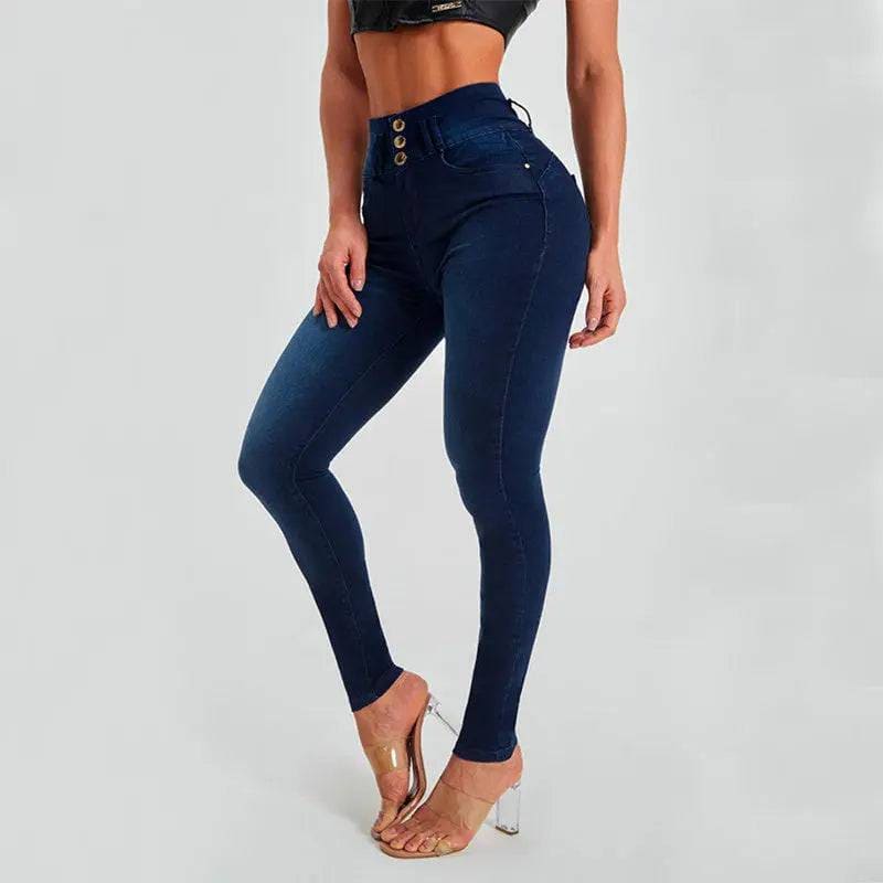 High Waist Jeans Women’s Skinny Trousers Tight Stretch Shaping And Hip Lifting Pants - Dark Blue / L