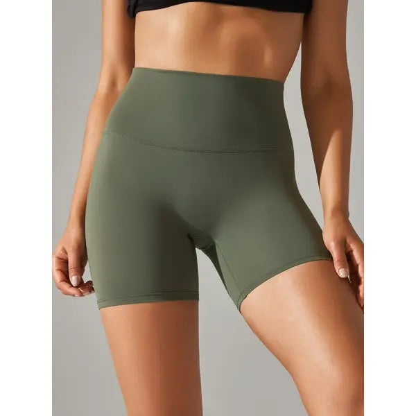 High Waist Yoga Shorts Quick Drying Fitness Workout Length - Army Green / L