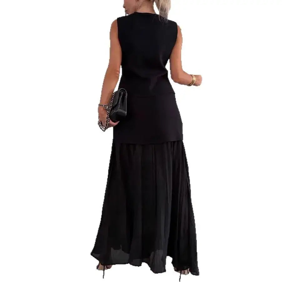 Holiday Summer Knitting Sweater Cardigans A Line Pleated Maxi Skirt Women Long Dresses 2 Piece Set Party Casual Vest