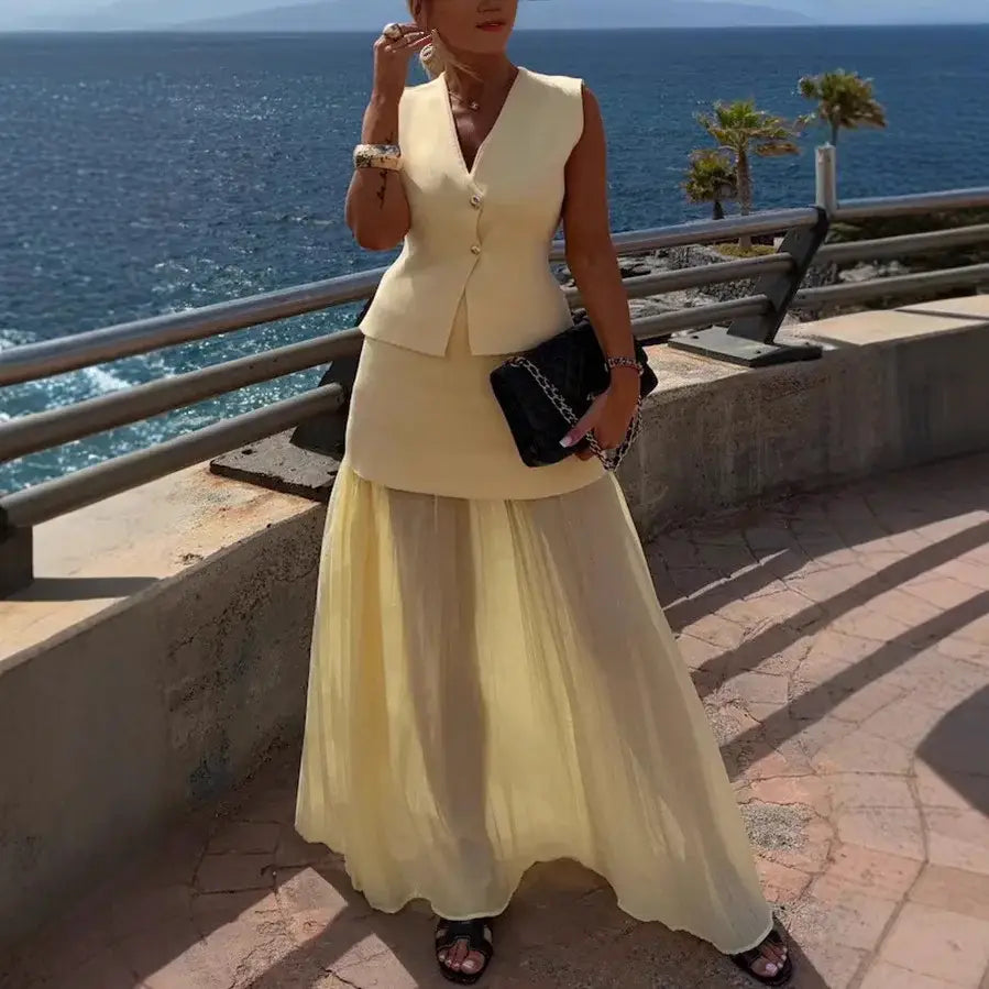 Holiday Summer Knitting Sweater Cardigans A Line Pleated Maxi Skirt Women Long Dresses 2 Piece Set Party Casual Vest