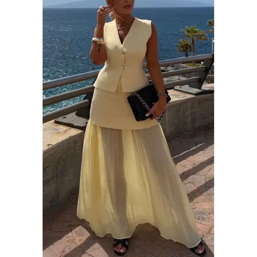 Holiday Summer Knitting Sweater Cardigans A Line Pleated Maxi Skirt Women Long Dresses 2 Piece Set Party Casual Vest