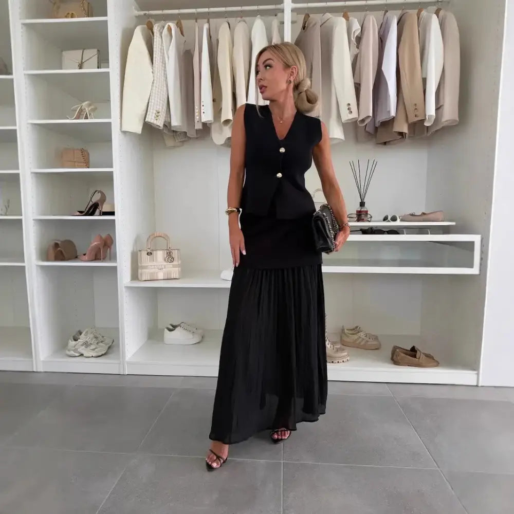 Holiday Summer Knitting Sweater Cardigans A Line Pleated Maxi Skirt Women Long Dresses 2 Piece Set Party Casual Vest