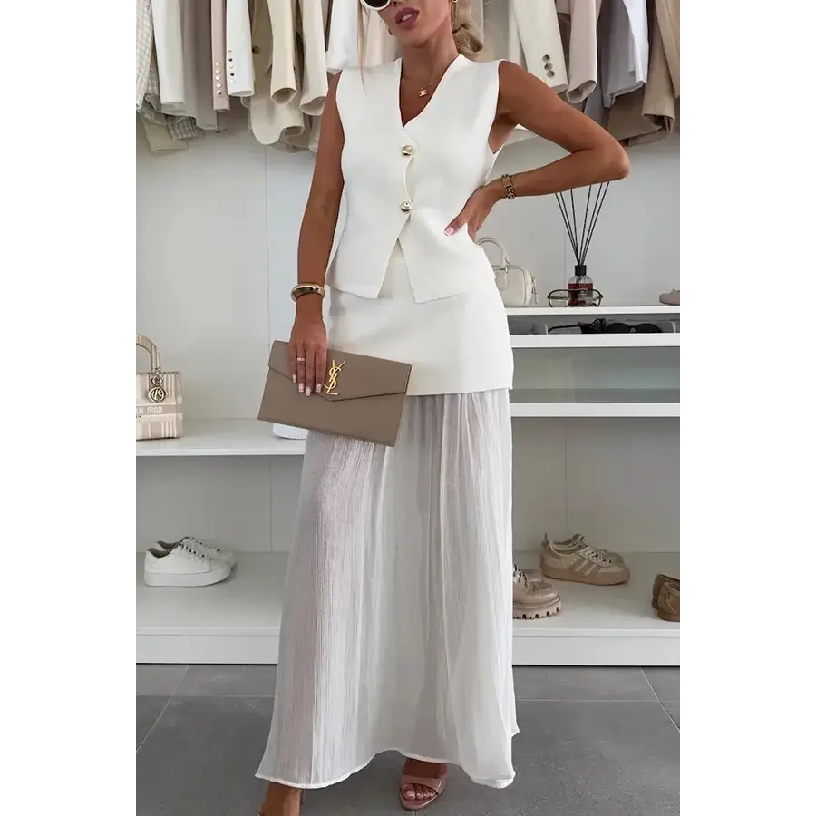 Holiday Summer Knitting Sweater Cardigans A Line Pleated Maxi Skirt Women Long Dresses 2 Piece Set Party Casual Vest