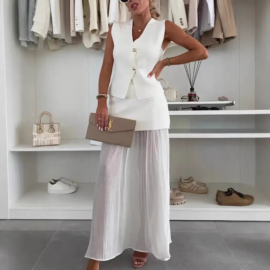 Holiday Summer Knitting Sweater Cardigans A Line Pleated Maxi Skirt Women Long Dresses 2 Piece Set Party Casual Vest