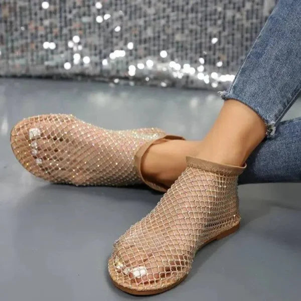 Hollow Flat Sandals with Rhinestone Design for Summer Fashion Round Style - Himpall
