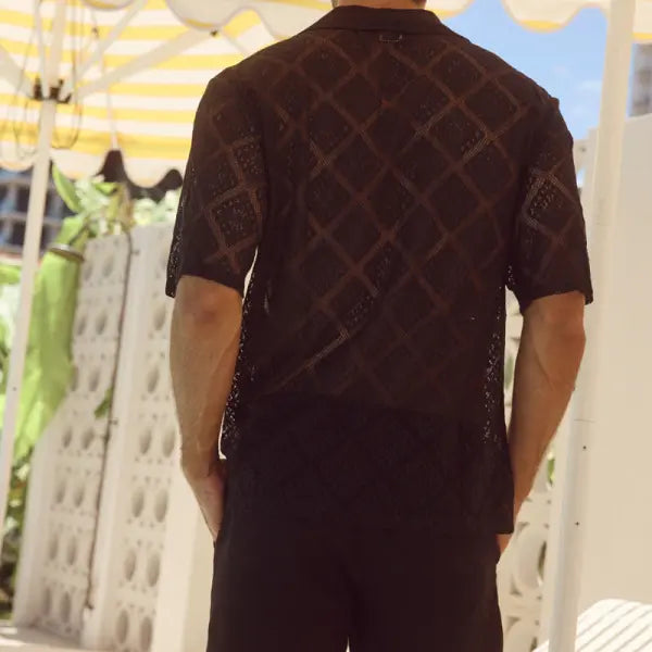 Hollow Out Men’s Casual Shirt Breathable Short Sleeve Summer Style - None