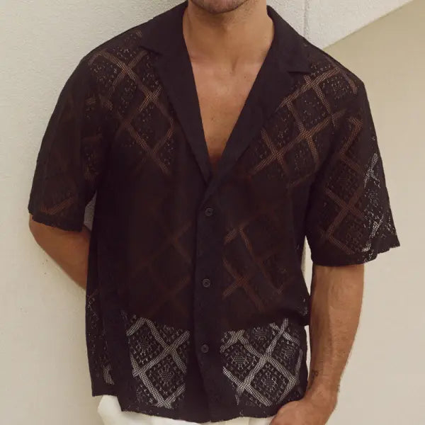 Hollow Out Men’s Casual Shirt Breathable Short Sleeve Summer Style - Black / L - None