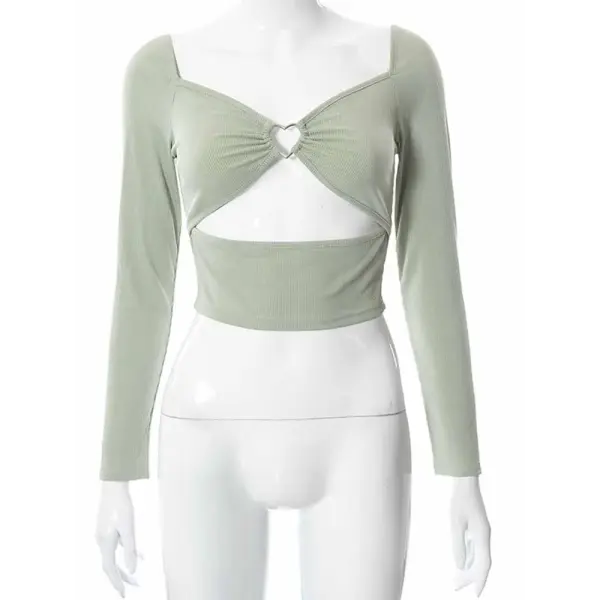 V-Neck High-Stretch Polyester Long Sleeve Crop Tops for Spring
