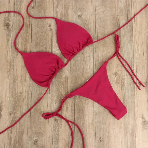 Hot pink halter neck bikini, trendy two piece swimsuit with triangle top and tie sides