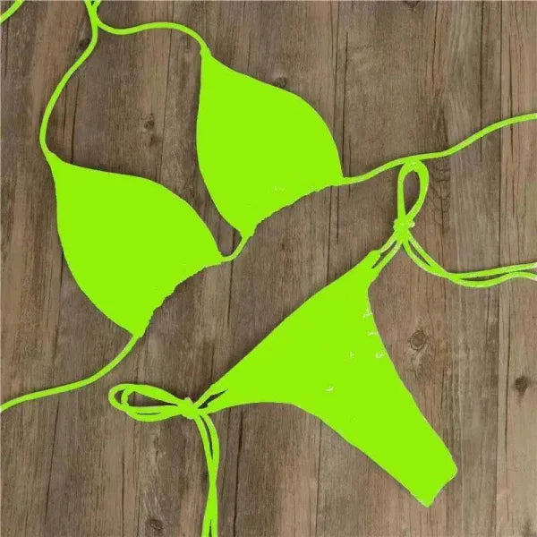 Neon green halter neck bikini, trendy two piece swimsuit with tie closures for women