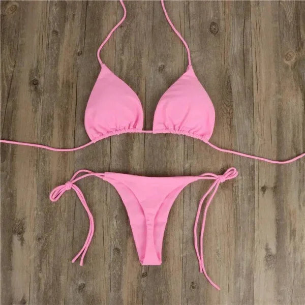 Pink Halter Neck Bikini, trendy two piece swimsuit with triangle top and tie sides