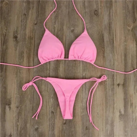 Pink Halter Neck Bikini, trendy two piece swimsuit with triangle top and tie sides