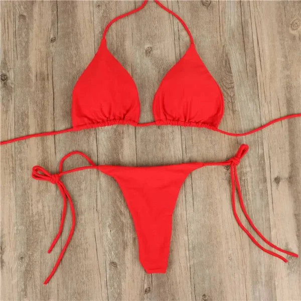 Red string bikini with triangle top and tie sides in Halter Neck Bikini trendy two piece swimsuit