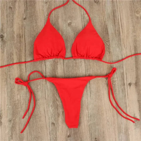 Red string bikini with triangle top and tie sides in Halter Neck Bikini trendy two piece swimsuit