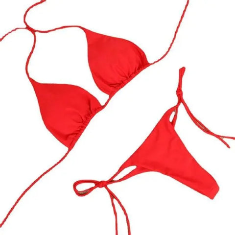 Red string bikini with tie sides, a trendy two piece swimsuit featuring a halter neck design