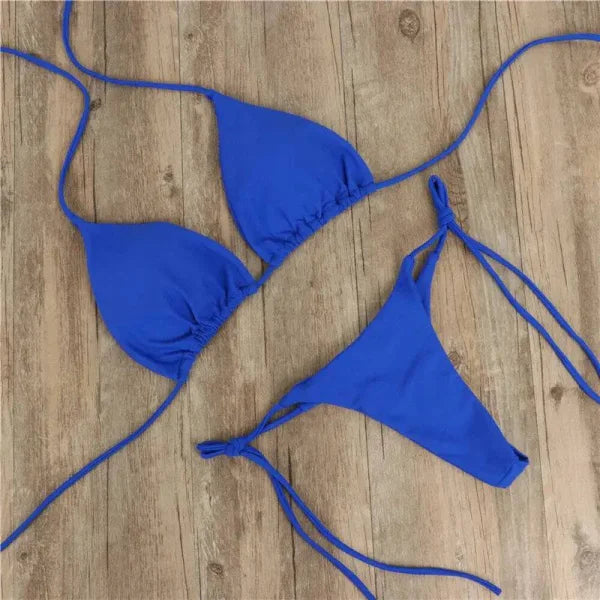 Royal blue halter neck bikini trendy two piece swimsuit with triangle top and tie sides