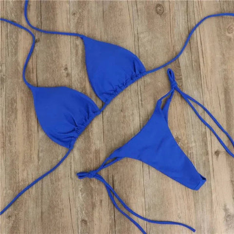Royal blue halter neck bikini trendy two piece swimsuit with triangle top and tie sides