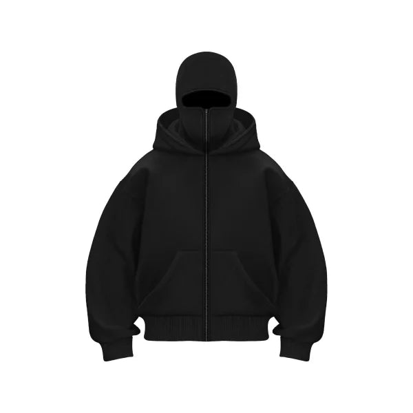 Black hooded sweatshirt with ribbed cuffs available in various sizes for street style