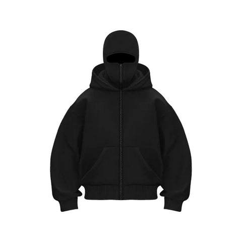 Black hooded sweatshirt with ribbed cuffs available in various sizes for street style