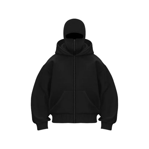 Black zip-up hooded sweatshirt with ribbed cuffs available in various sizes for street style
