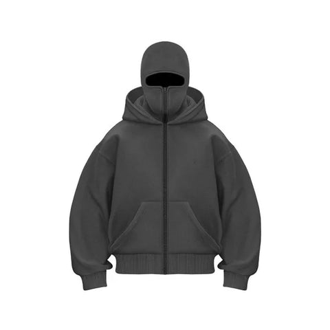 Dark gray hooded sweatshirt featuring ribbed cuffs, pocket, available in various sizes